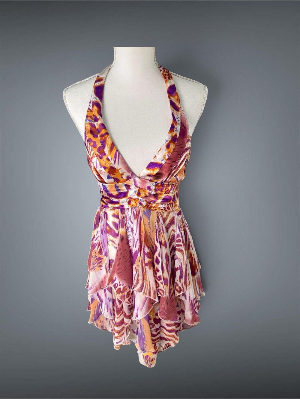 Arden B Halter Y2K V-Neck Dress with Ruffled Tiers..Pink, Orange, Purple
XS - Picture 4 of 7